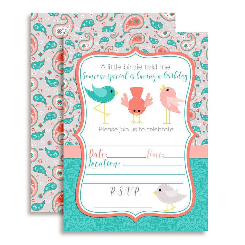 Amanda Creation A Little Birdie Told Me Themed Birthday Party Celebration Invitations, 20 5x7 Fill In Cards with Twenty White Envelopes by AmandaCreation - Image 1